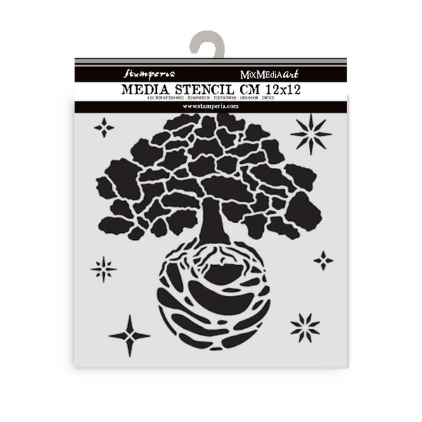 Stamperia Media Stencil with tree and moon design on a white background