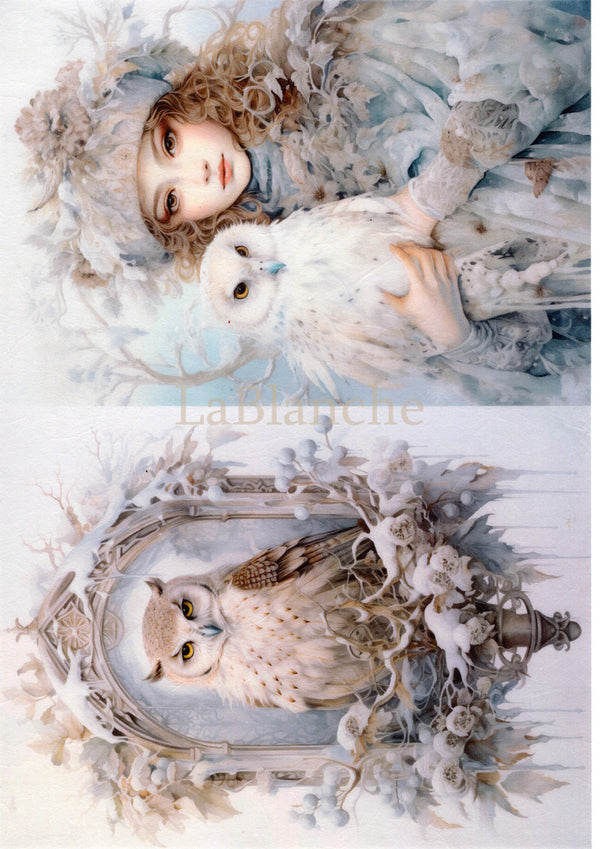 LaBlanche FROSTY WINTER 3 Snowy Owl Girl A4 Decoupage Rice Paper #LBD377