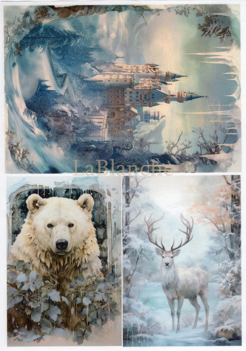 LaBlanche FROSTY WINTER 4 Castle Deer Bear A4 Decoupage Rice Paper #LBD378