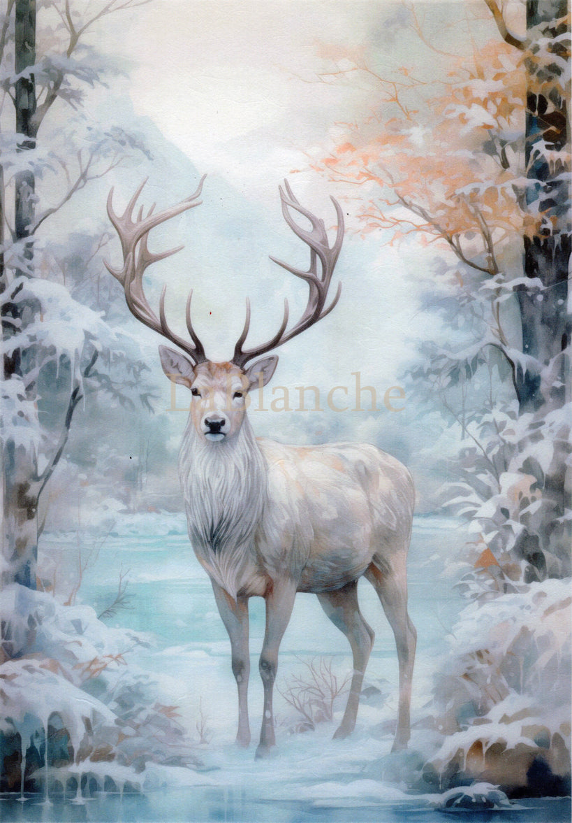 LaBlanche FROSTY WINTER 7 DEER Christmas White Stag A4 Decoupage Rice Paper #LBD381