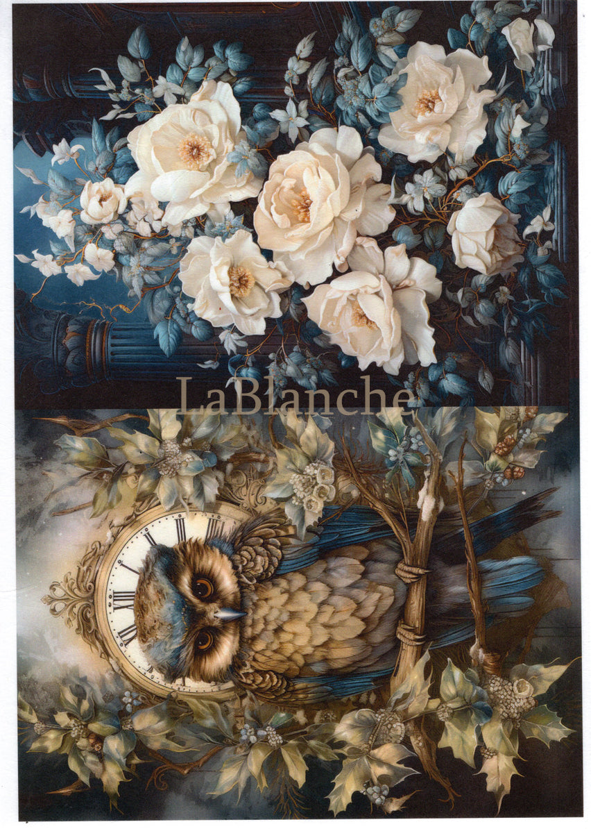 LaBlanche FANTASY MEADOW 2 OWL FLOWERS A4 Decoupage Rice Paper #LBD384