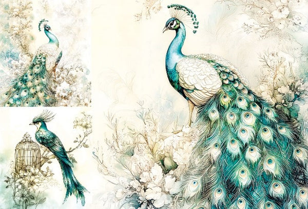 LaBlanche PEACOCKS Louise 2 A4 Decoupage Rice Paper #LBD407