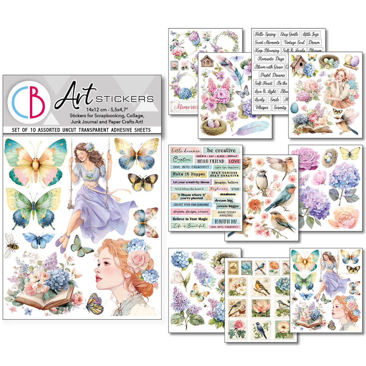 Collection of art stickers with butterflies, flowers, and people on a white background