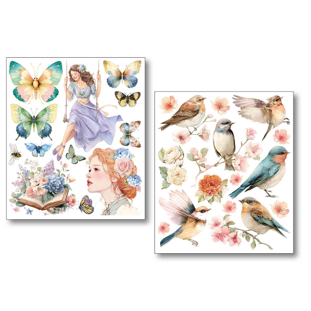 Two sheets of decorative stickers featuring butterflies, flowers, and birds on a white background.