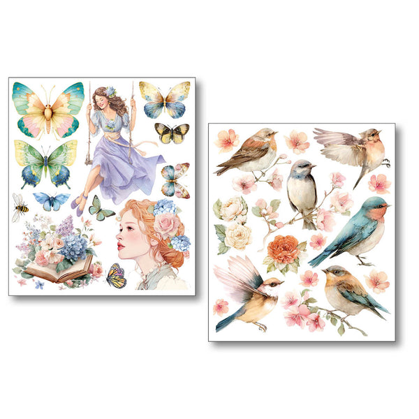Two sheets of decorative stickers featuring butterflies, flowers, and birds on a white background.