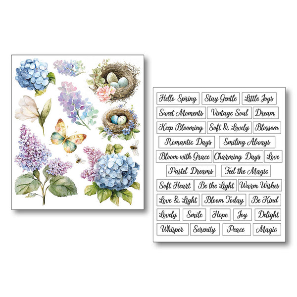 Floral design with hydrangeas, nests, and butterflies on the left, and motivational phrases on the right.