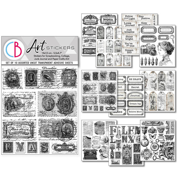 Collection of black and white art stickers with various designs on a white background.