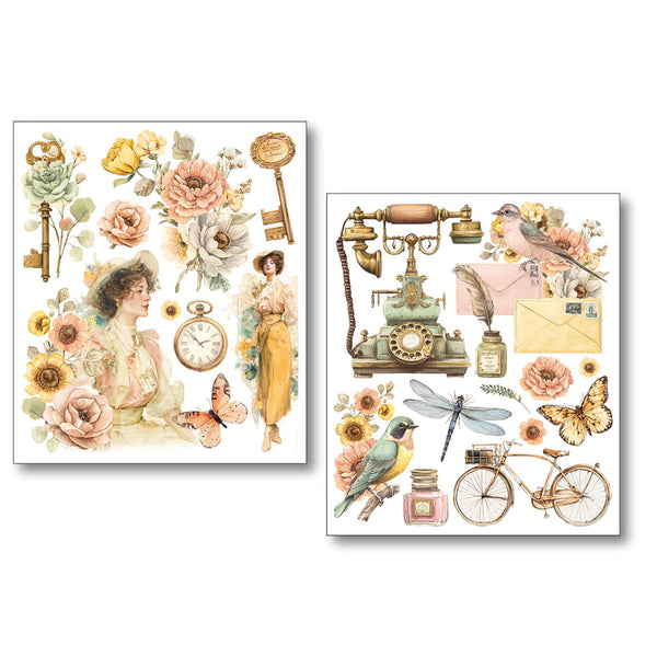 Two vintage-themed wall art prints featuring floral and mechanical elements.