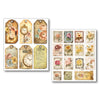 Set of decorative tags and stamps with floral and clock designs on a white background.