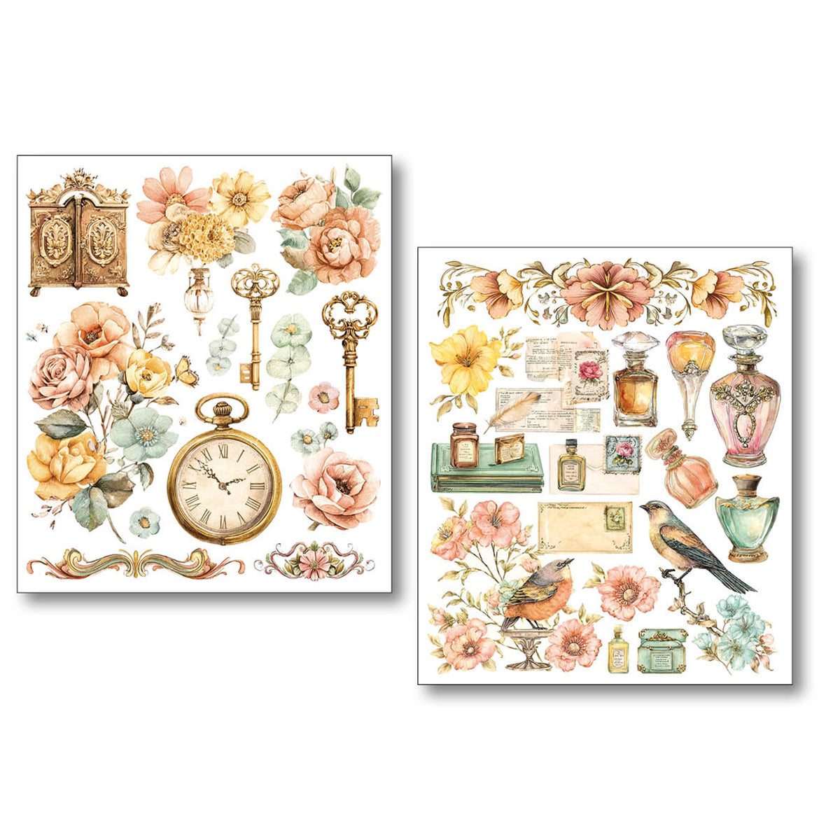 Two vintage-themed decorative sheets with flowers, keys, and bottles on a white background.