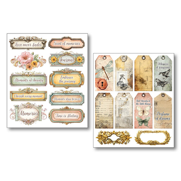 Set of decorative tags and labels with vintage designs on a white background