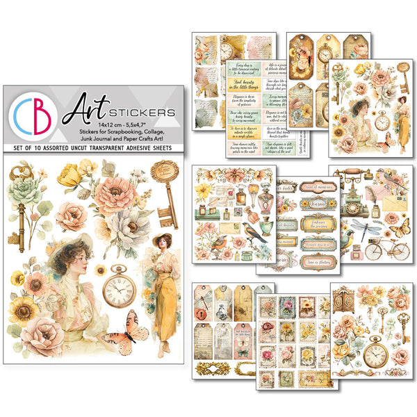 Collection of vintage-themed art stickers with floral and woman illustrations on a white background.