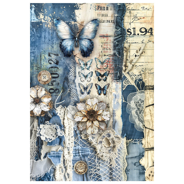 Ciao Bella LuMania URBAN BLUE DENIM A4 Mixed Media Decoupage Rice Paper - 4 Sheets #MF002