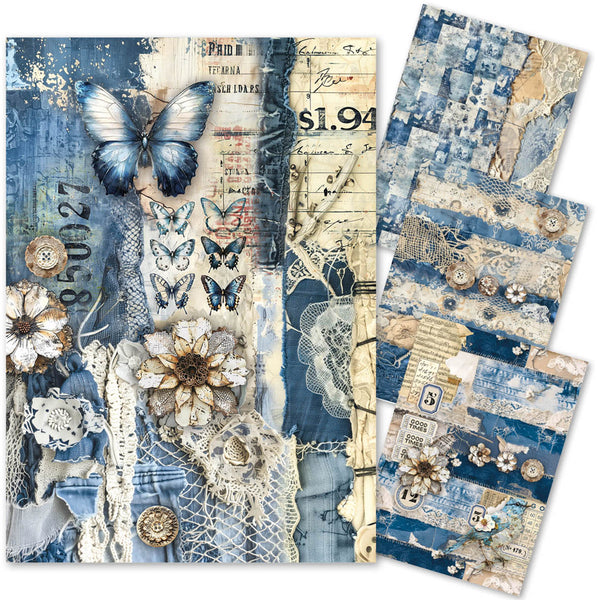 Ciao Bella LuMania URBAN BLUE DENIM A4 Mixed Media Decoupage Rice Paper - 4 Sheets #MF002