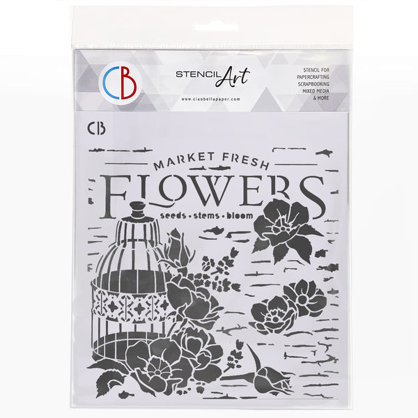 Ciao Bella MARKET FRESH FLOWERS Texture Stencil 8" x 8"  #MS8-006