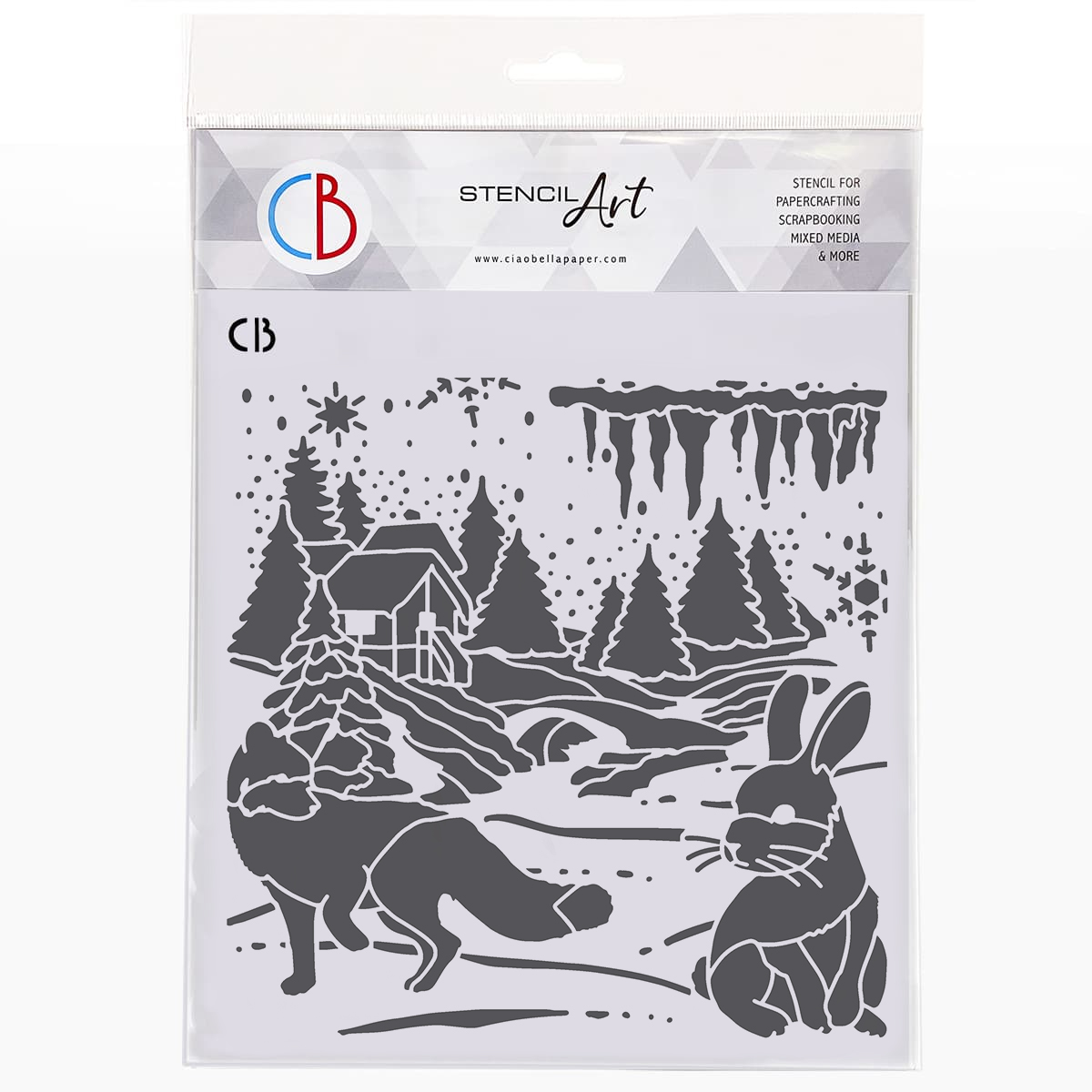 Stencil with winter scene design featuring a house, trees, and animals on a white background.
