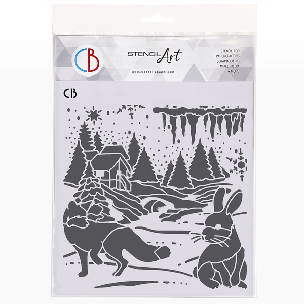Stencil with winter scene design featuring a house, trees, and animals on a white background.