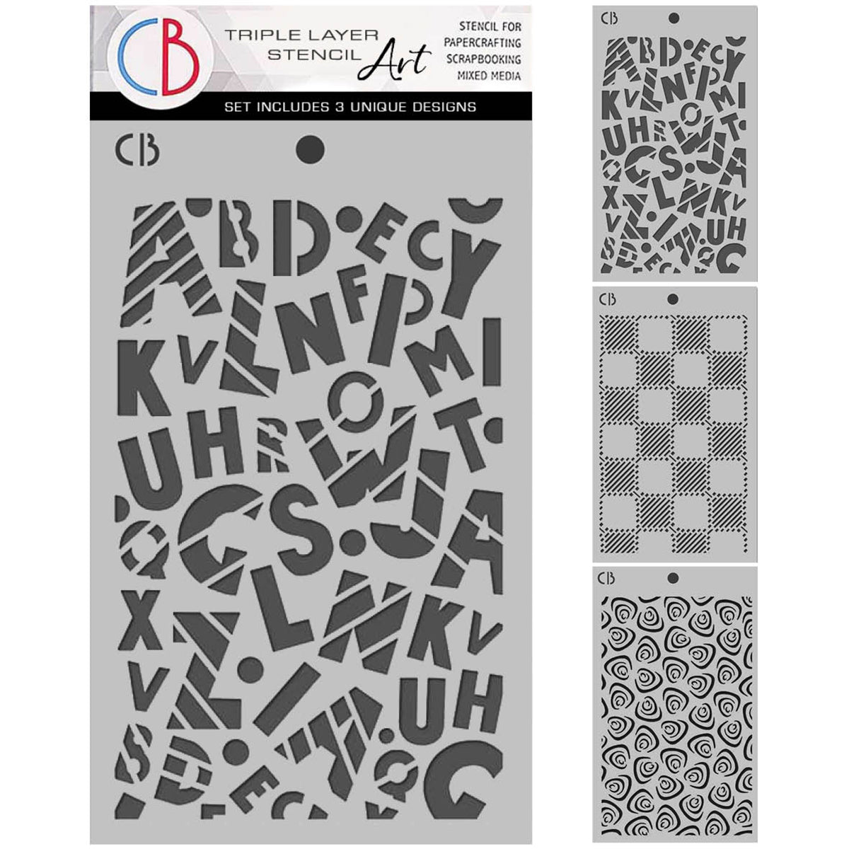 Set of three CB brand stencils with letter patterns on a white background