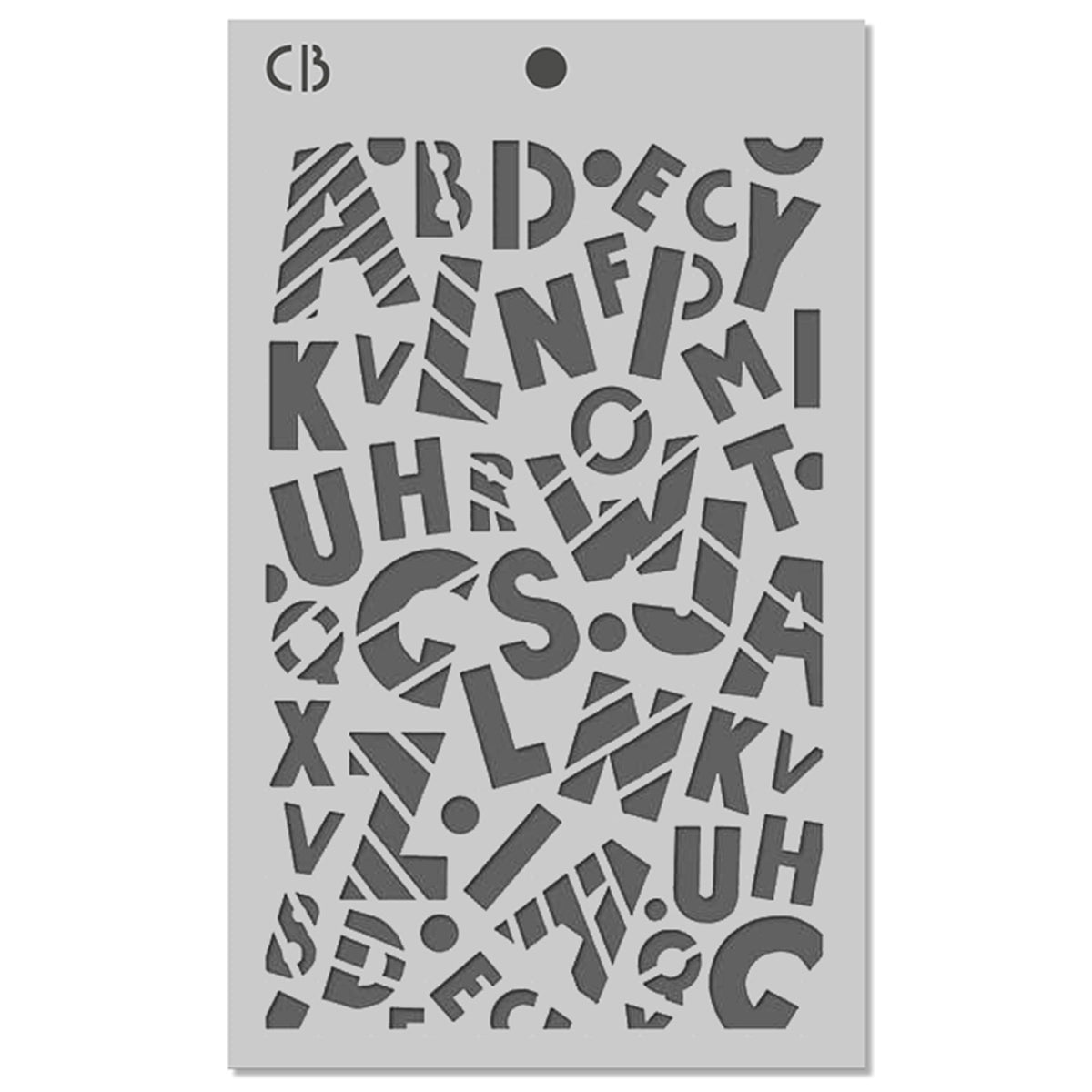 Alphabet stencil with various letters on a gray background