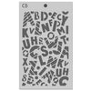 Alphabet stencil with various letters on a gray background