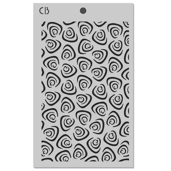 Stencils with black spiral pattern on a gray background, featuring the brand 'CB'.