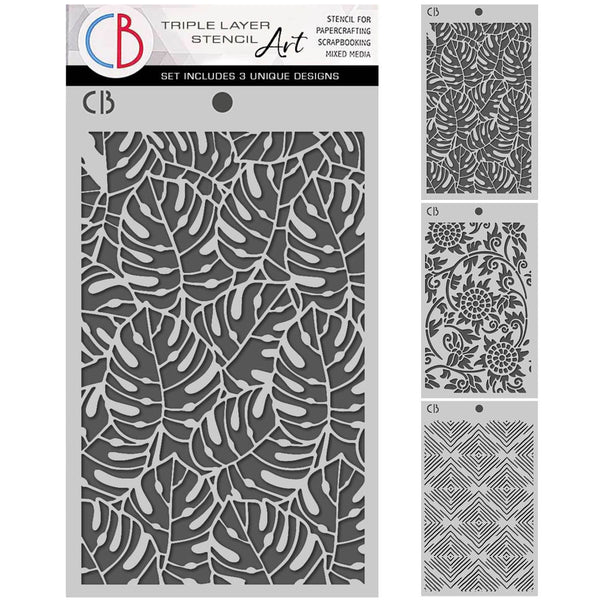 CB brand triple layer stencil set with various patterns on a white background