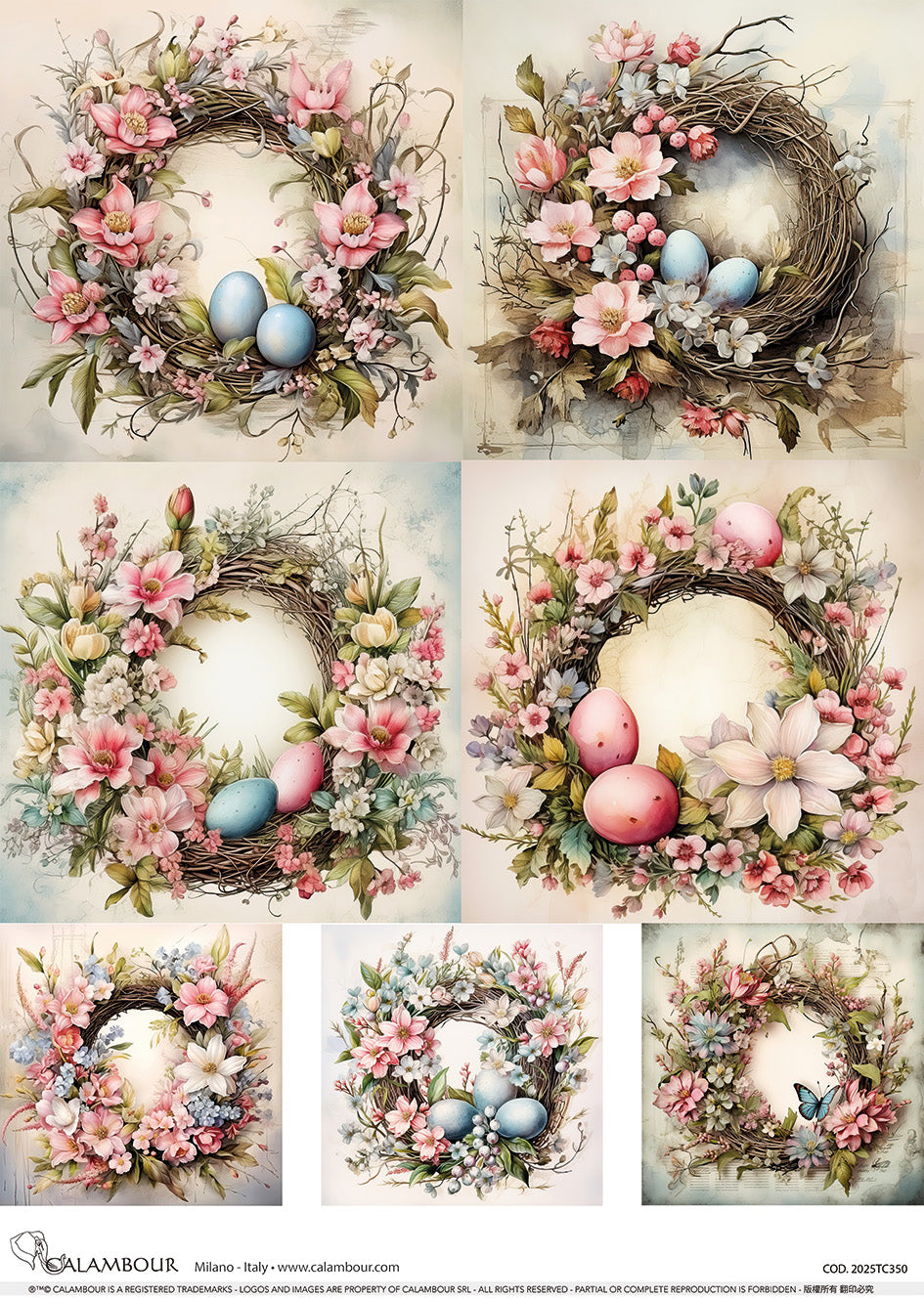 Calambour SEVEN EASTER WREATHS Spring A3 Decoupage Rice Paper #CAL-2025TC350