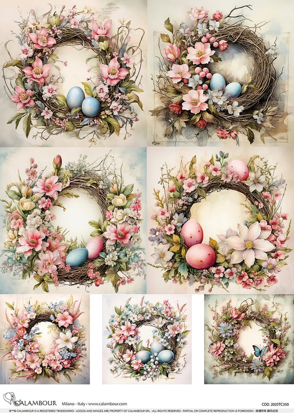 Calambour SEVEN EASTER WREATHS Spring A3 Decoupage Rice Paper #CAL-2025TC350