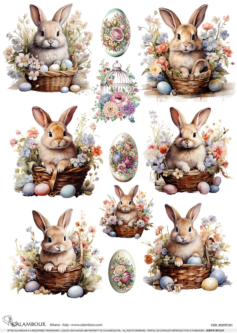 Calambour SIX EASTER BUNNY BASKET SCENES Spring A3 Decoupage Rice Paper #CAL-2025TC351