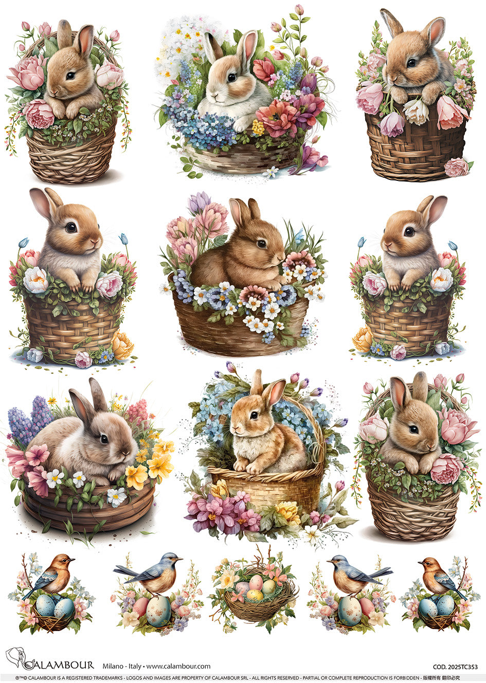 Calambour SPRING BUNNIES IN BASKETS A3 Decoupage Rice Paper #CAL-2025TC353