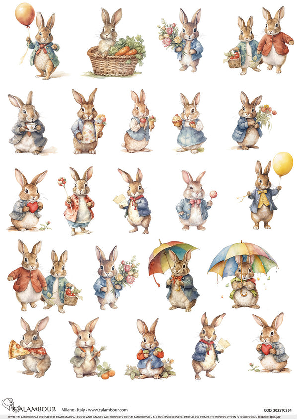 Calambour VINTAGE BUNNIES Dressed Up A3 Decoupage Rice Paper #CAL-2025TC354