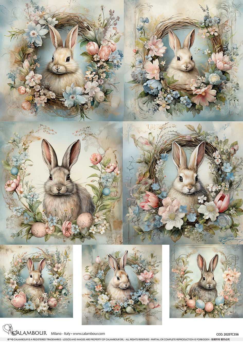 Calambour WREATH FRAMED BUNNY PORTRAITS A3 Decoupage Rice Paper #CAL-2025TC356