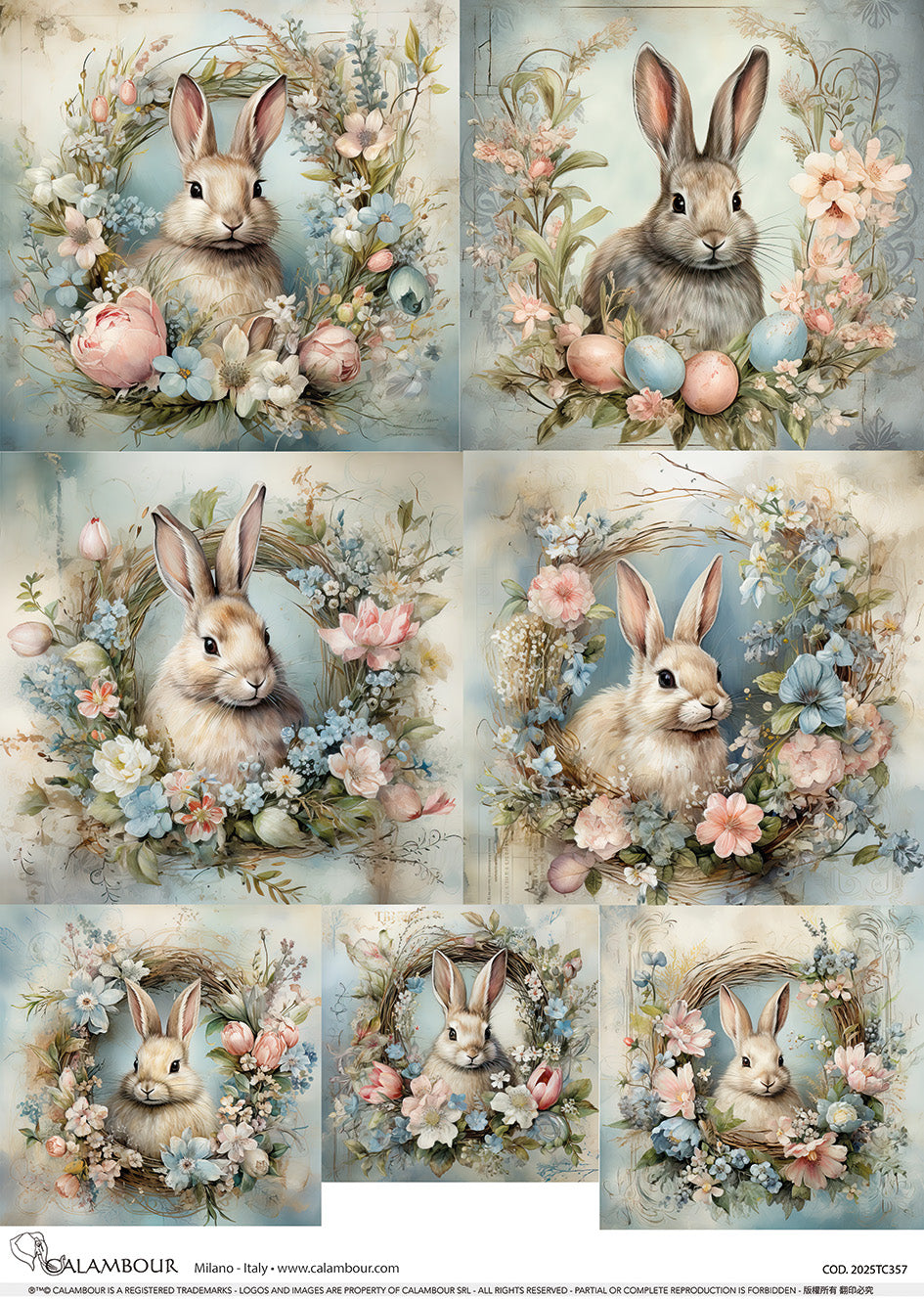 Calambour WREATH FRAMED BUNNY PORTRAITS TWO 2 - A3 Decoupage Rice Paper #CAL-2025TC357