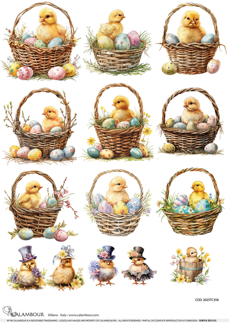 Calambour EASTER CHICKS IN BASKETS - A3 Decoupage Rice Paper #CAL-2025TC358