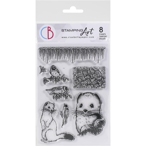 Clear stamp set with animal designs on a Ciao Bella Stamping Art packaging.