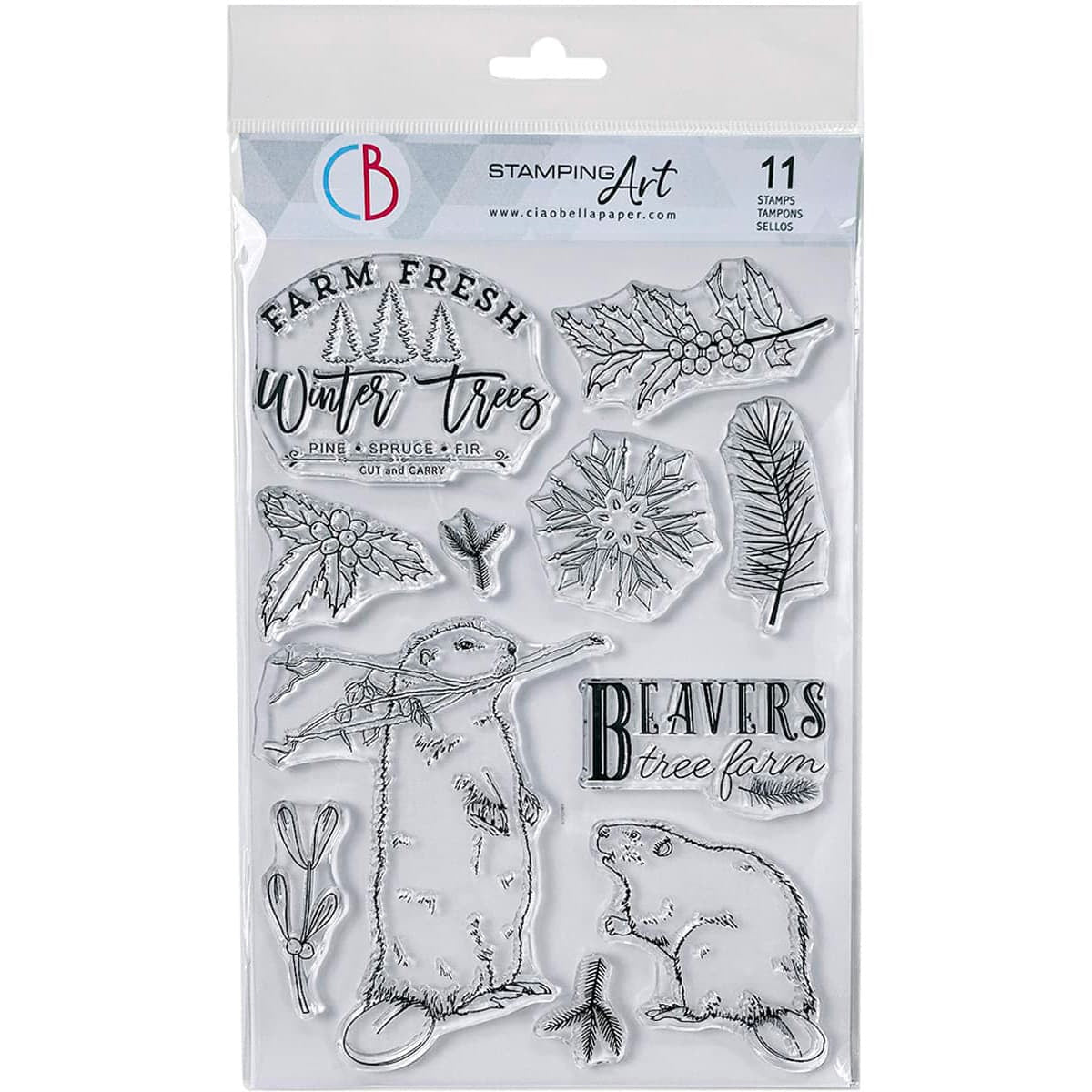 Clear stamp set with farm-themed designs including trees, beavers, and text on a white background.