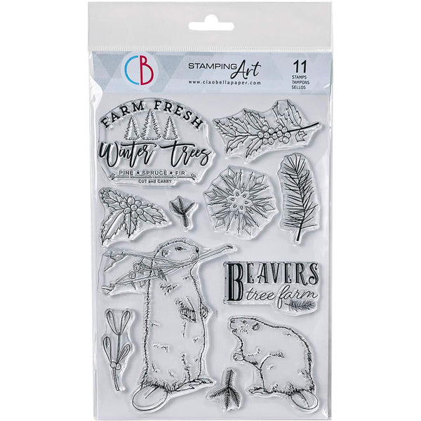 Clear stamp set with farm-themed designs including trees, beavers, and text on a white background.