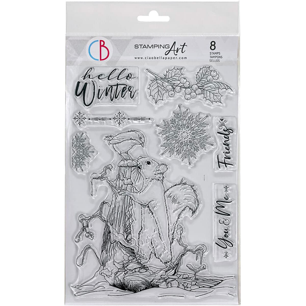 Clear stamp set with winter-themed designs on a white background