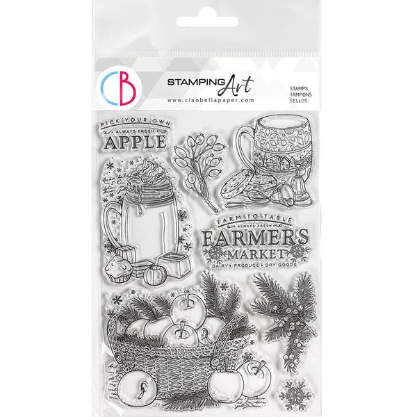 Clear stamp set with farmer's market and apple-themed designs on a white background
