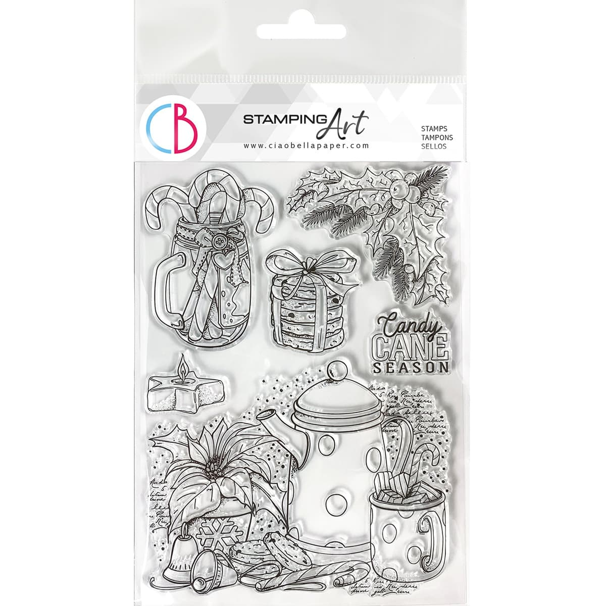 Set of clear stamps with Christmas-themed designs on a white background