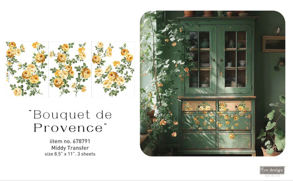 Decorative wall transfers with floral designs and a wooden dresser.