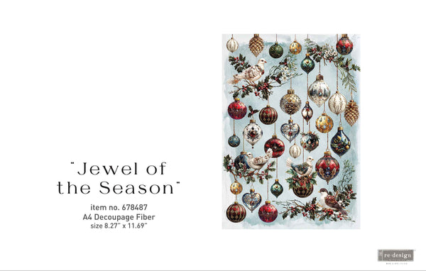 Decorative paper sheets with Christmas designs 'Jewel of the Season' on a white background.