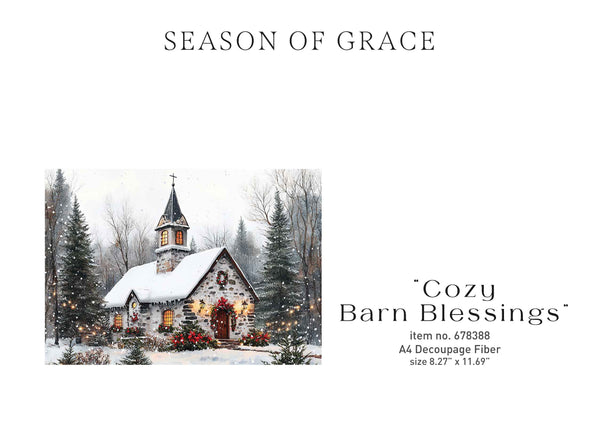 Christmas-themed decoupage fibers with images of a snowy barn 