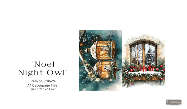 Christmas-themed decoupage fibers with images of a snowy owls
