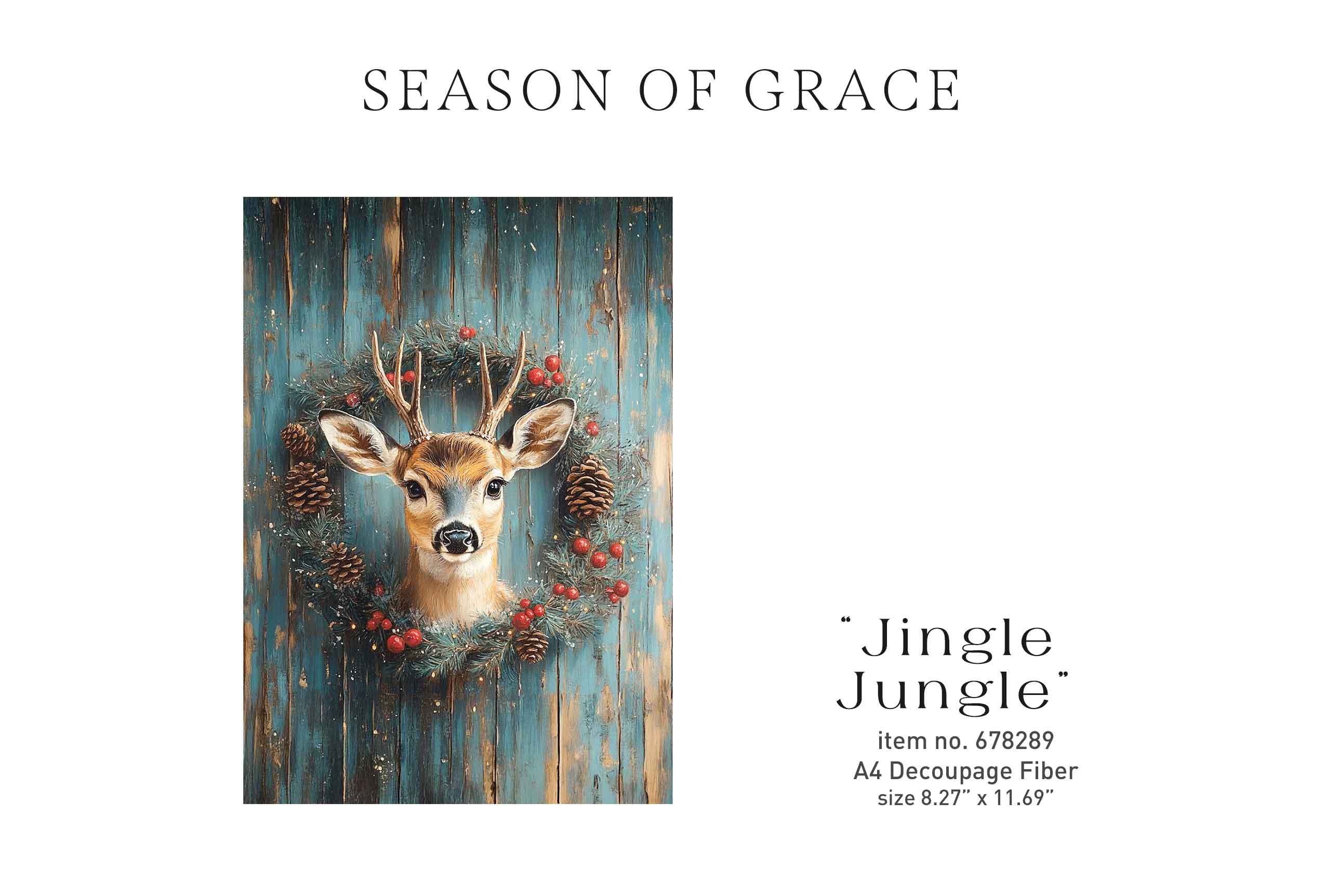 A4 decoupage fiber item, 'Jingle Jungle' with a deer on a white background.