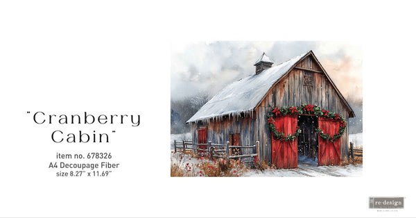 'Cranberry Cabin' with a cabin, on a white background.