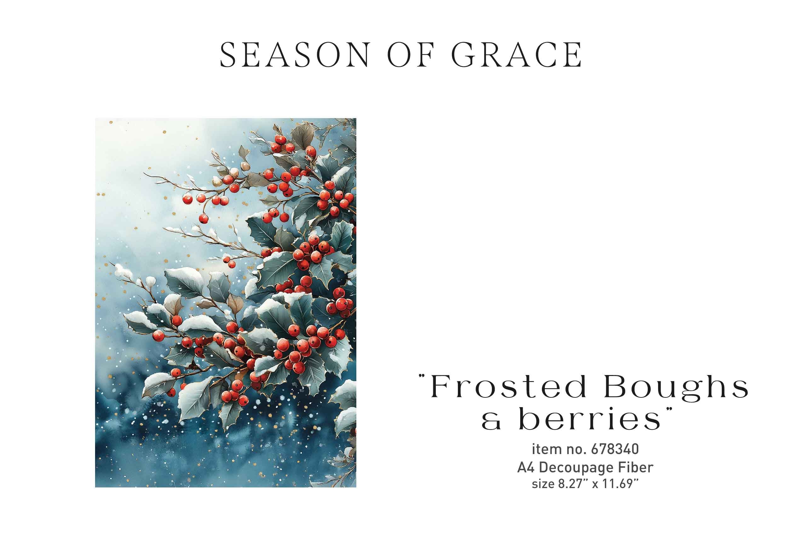 Christmas-themed decoupage fiber item with 'Frosted Boughs & Berries' on a white background.