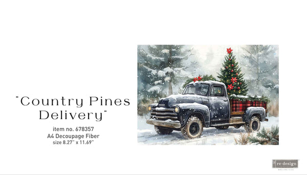 Christmas-themed decoupage fiber items with 'Country Pines Delivery' on a white background.