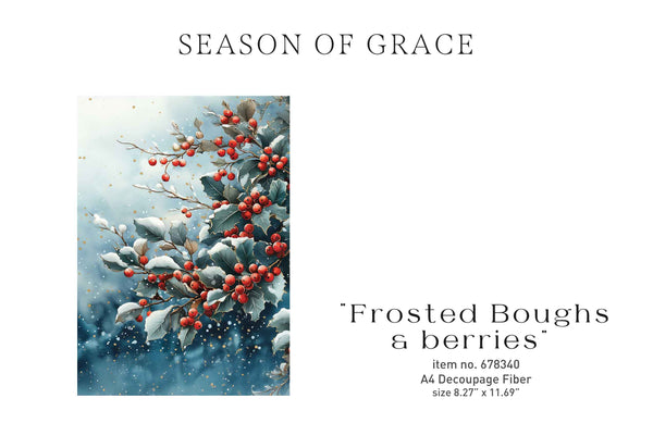 Christmas-themed decoupage fiber item with 'Frosted Boughs & Berries' on a white background.