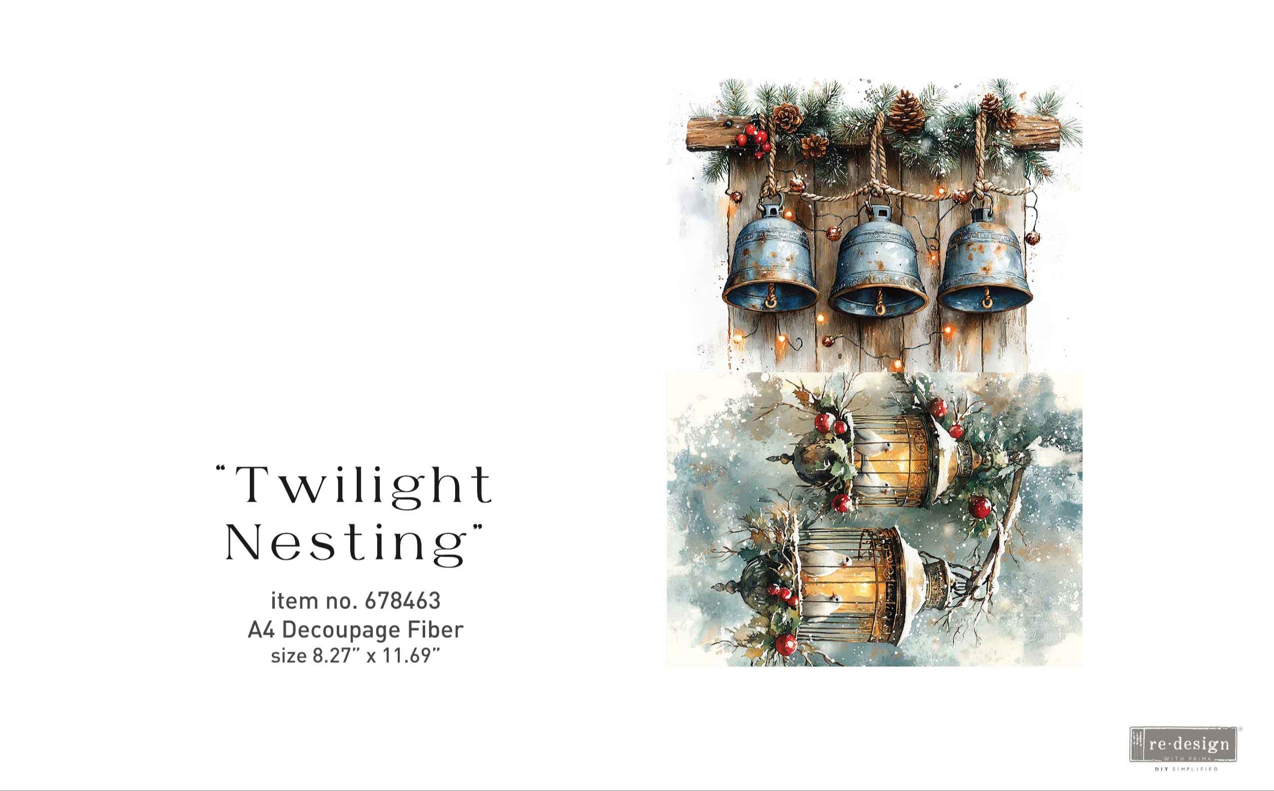 'Twilight Nesting' with winter scenes and text.